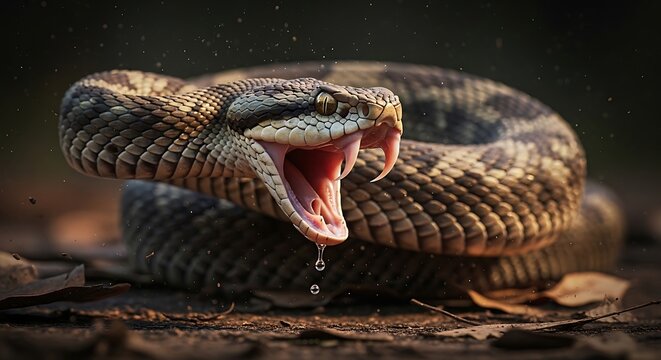 Close-up of a fearsome rattlesnake with its mouth agape, fangs exposed and venom dripping, poised to strike in its natural habitat