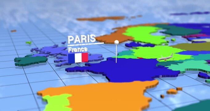 Paris france location on 3d world map with flag and airplane