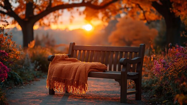 Patterned blanket on a wooden park seat at sunset in autumn