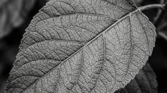 Close-up of textured leaf with prominent veins in black and white