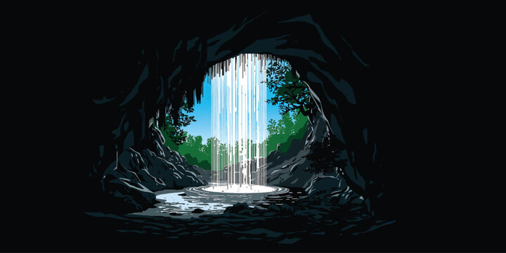 Mystical Cave Opening with Waterfall and Lush Green Landscape