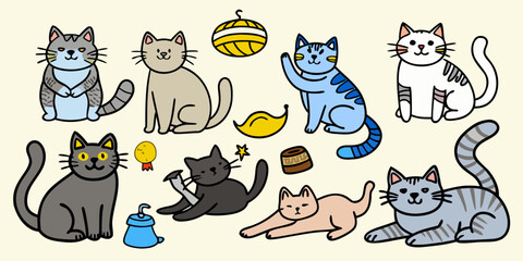 Fototapeta premium Charming collection of hand drawn cats with playful elements like yarn and toys on a light background