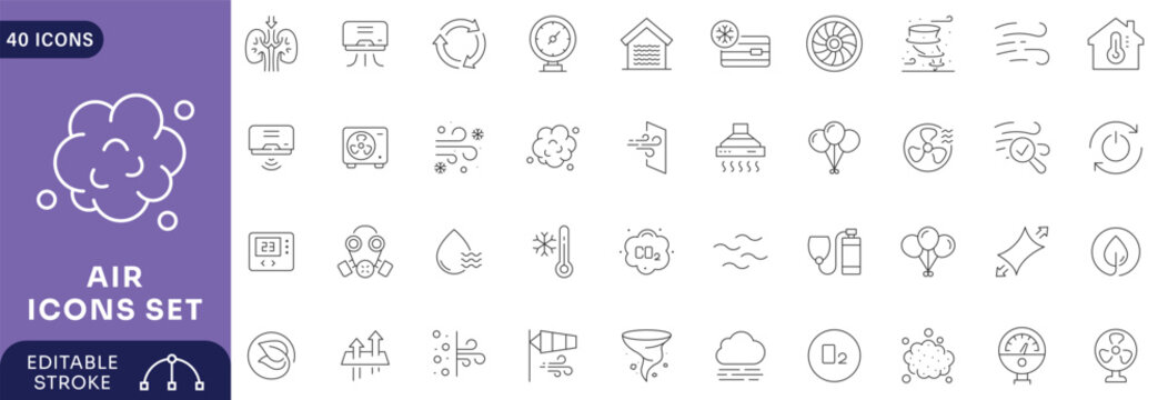 Air icon set. Containing ventilation, air conditioner, blow , fan, wind, oxygen, breathe, CO2, pollution . Editable stroke.