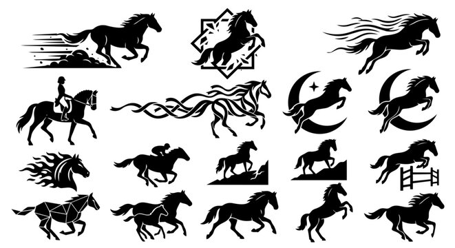 A diverse collection of powerful horse silhouettes in various dynamic poses, suitable for equestrian branding and design projects.