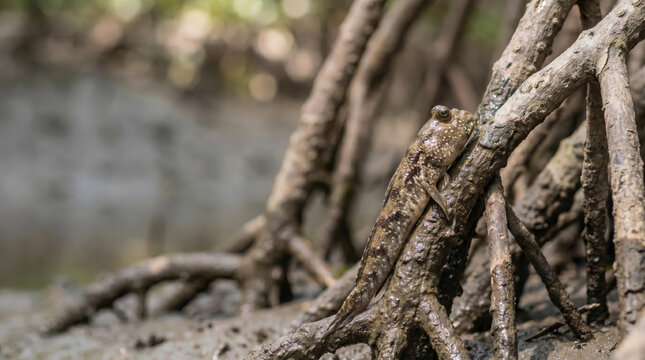 Rare mudskipper fish climbing a mangrove tree root in a muddy swamp with wide copy space