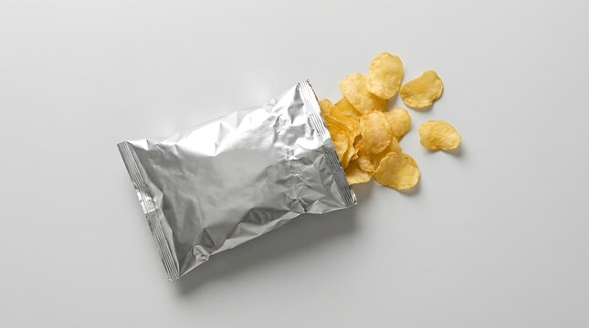 Crispy potato chips spilling out of a silver foil snack bag mockup on a white background, top view food photography for branding and packaging design