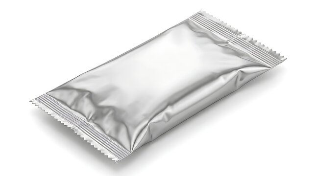 3D render of a glossy aluminum foil pouch for snacks coffee or tea mockup template for product presentation and advertising