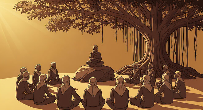 People meditating under a tree at sunset