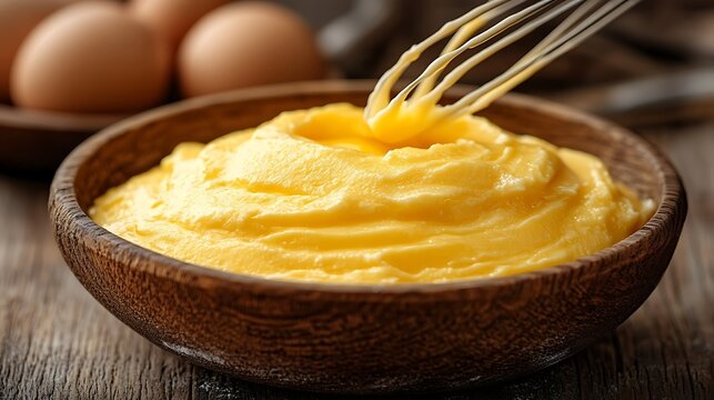 Whisking creamy custard in a wooden bowl with fresh eggs background Closeup cooking.
