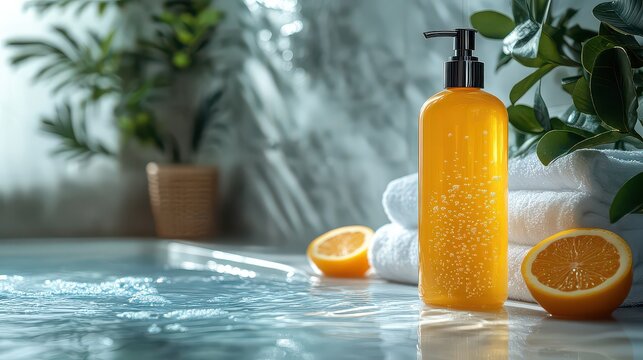 Orange liquid soap bottle on marble surface near bath, towels, and oranges.