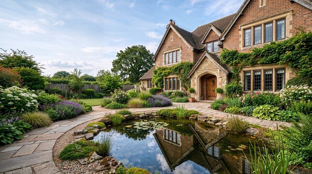 A large brick house with a pond and garden in the front yard.