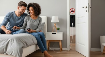 Fototapeta premium A happy couple uses their phones while charging in a modern bedroom with wireless technology and a nightstand
