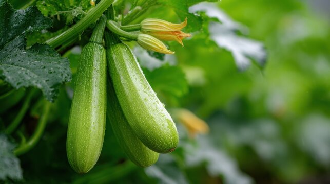 Fresh green zucchini growing on a plant with yellow flowers and raindrops on leaves in a lush garden setting during the growing season
