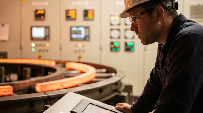 Steel mill worker at a continuous casting machine monitoring the controlled descent of solidifying steel billets through a curved guide sect 3
