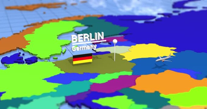 Berlin germany destination pin on europe map with airplane
