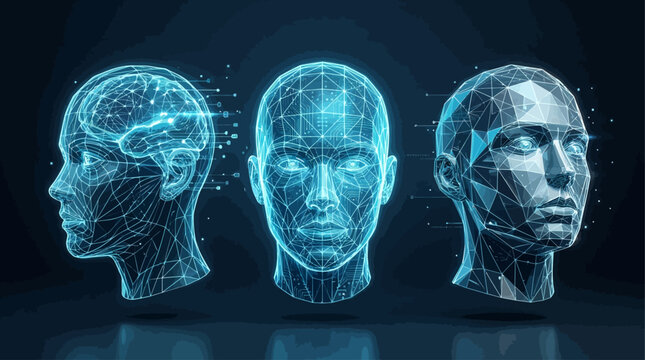 Abstract 3D digital human head set. Poly wireframe mesh technology, vector geometric lines. Design for network connections, futuristic innovation. Business, science and artificial intelligence concept