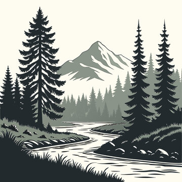 River flowing through forest landscape woodcut style illustration high quality professional