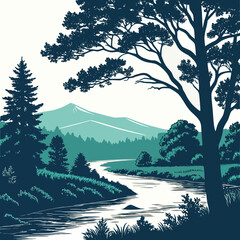 river flowing through forest vintage vector illustration high quality professional detailed © yyy