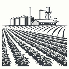 farmland landscape with grain silos and industrial buildings vector illustration © yyy