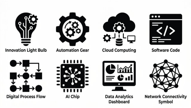 Technology and digital transformation icon set with thin line style symbols for automation, innovation, and software concepts..eps