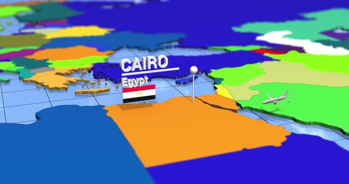Cairo egypt map location pin with flag airplane travel animation