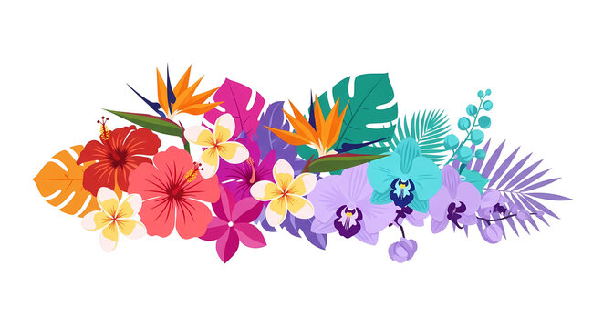 Vibrant tropical flower arrangement with hibiscus, plumeria, bird of paradise, and orchids, surrounded by lush green and colorful palm leaves, in a flat illustration style.