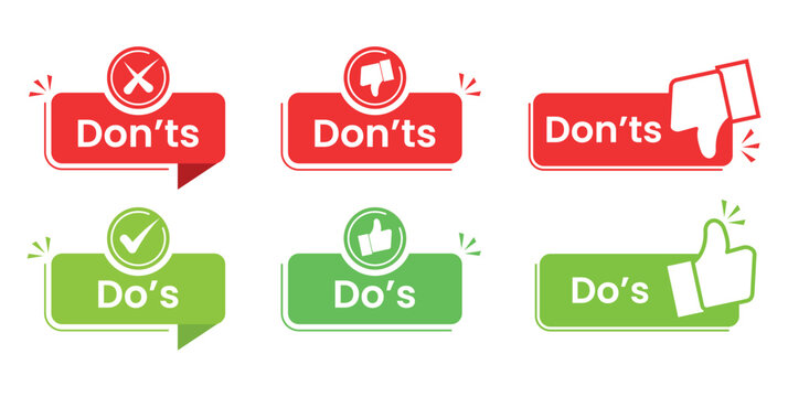 Vector Set of Do's and Don'ts Banners with Checkmark, Cross, and Thumbs Up Icons