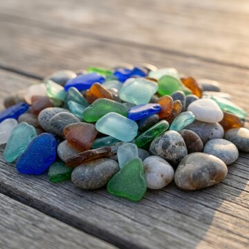 Sea glass and pebbles on wooden surface