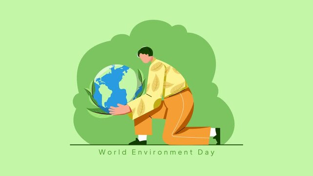 Video animation motion graphic of person holding earth globe for eco awareness 2D flat cartoon stock footage 4K high quality
