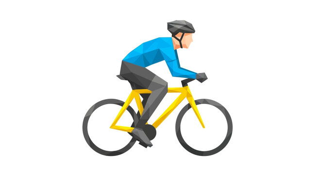 Cyclist riding a yellow bicycle with a helmet, low poly illustration, isolated on white background