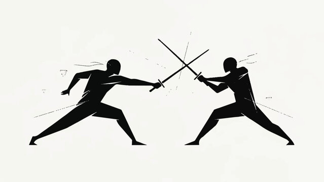 Two fencers in a duel under bright light practicing sword sport.