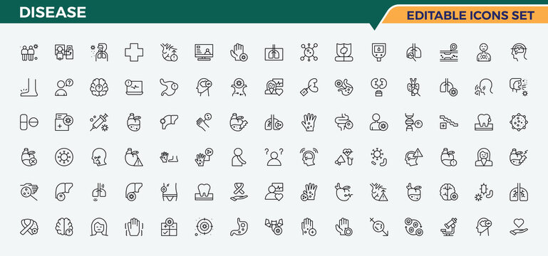 Disease line icon set. Flu vector line icon set. Line icons with editable stroke. Contains outline symbols like symptom, infection, allergy, pain, health and more. Editable stroke. Pixel Perfect.
