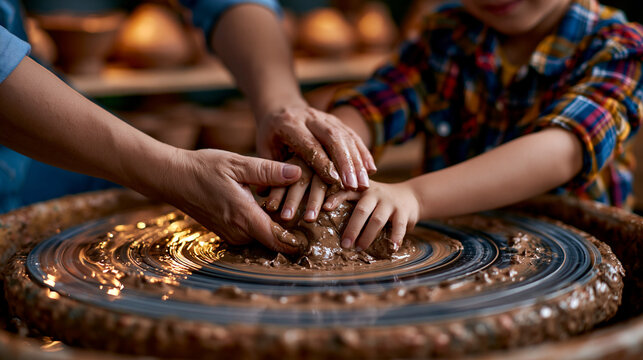 A ceramics teacher's hands guiding a young student's fingers on a spinning pottery wheel, wet clay rising between them, a row of lopsided beginner pots drying on shelves behind, ideal for creative a