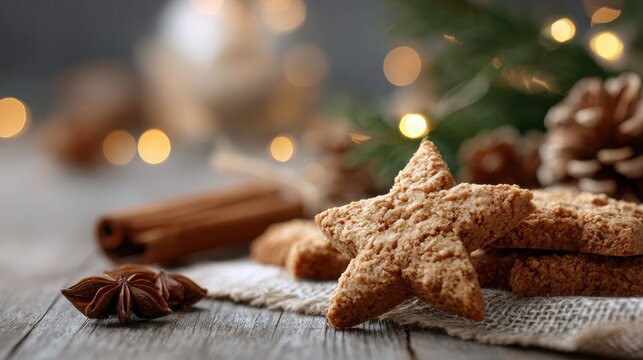 Star-shaped gingerbread cookies arranged on a rustic wooden table with cinnamon sticks, anise stars, and pinecones, illuminated by soft bokeh lights in the background