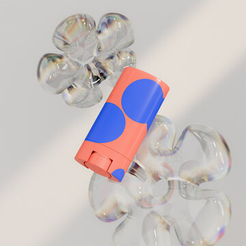 Orange twist-up cosmetic stick applicator with blue dot graphic design, soild cream blush stick mockup, Push up skincare tube plastic Packaging, Rotating solid makeup container, beauty branding