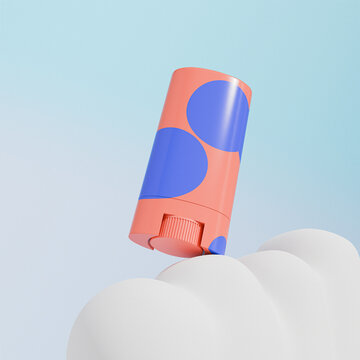 Orange twist-up cosmetic stick applicator with blue dot graphic design, soild cream blush stick mockup, Push up skincare tube plastic Packaging, Rotating solid makeup container, beauty branding