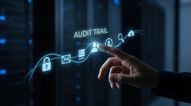 AI stack control - A dramatic close-up shows a hand tracing connections to illustrate a transparent audit trail of linked events, symbolizing clarity and accountability.