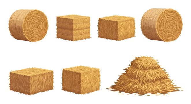 Set of various hay bales and a hay stack isolated on a white background.