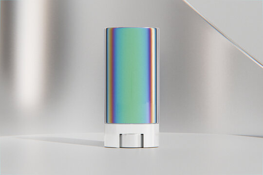 Holographic makeup Foundation Stick packaging mockup, Rotating Solid cosmetic cream container, oval shape twist up cosmetic packaging, push up skincare Stick with metallic silver electroplating finish
