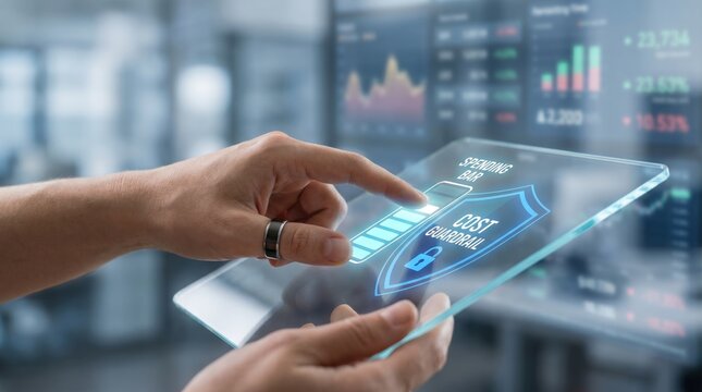 AI stack control - A human hand interacts with a futuristic floating interface to set an AI spending limit in a cinematic, high-tech environment.