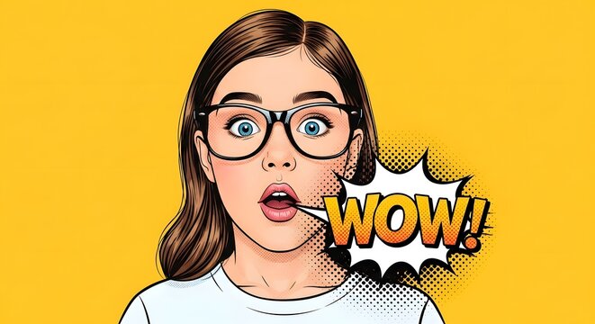 Surprised Woman with Glasses and Wow Speech Bubble in Pop Art Style.