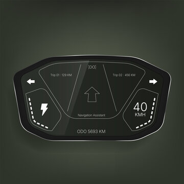 Futuristic digital car dashboard interface with navigation and speed display