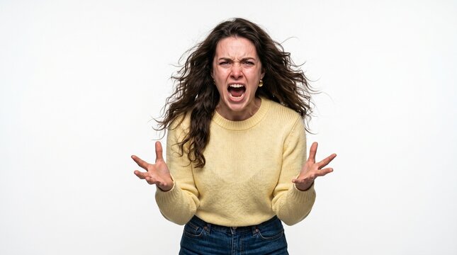 Angry young woman screaming and gesturing with hands in frustration isolated on white background - emotional outburst and stress concept.