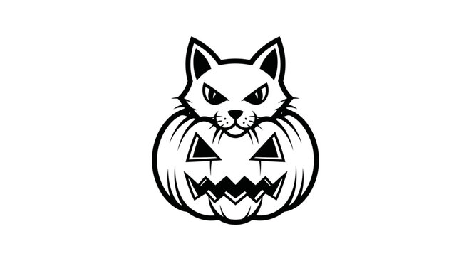 A black and white image of a cat on a jack o lantern