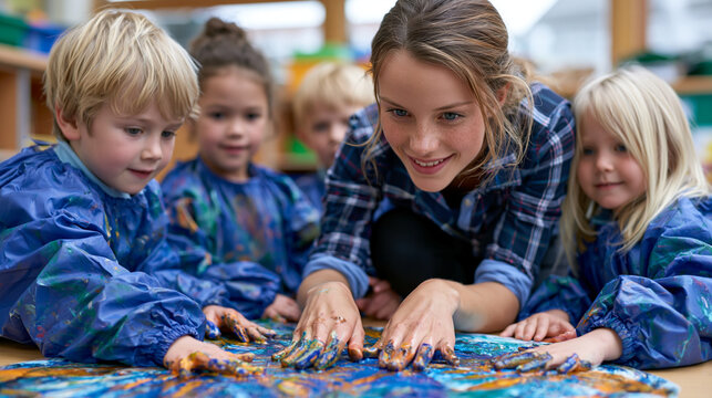 A primary school art room buzzing with small hands pressing paint-covered palms onto a giant shared canvas, a teacher crouching to guide a hesitant student, colorful smocks and joyful mess everywher
