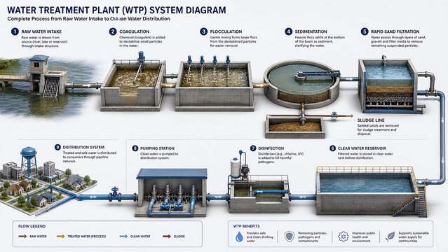 Full Water Treatment Plant System Diagram Showing Complete Process from Intake to Distribution