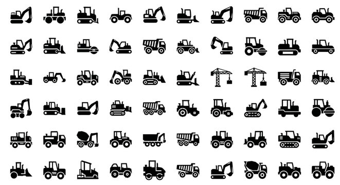 Many Different Heavy Construction Machinery Icons.