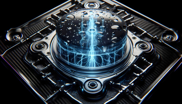 Modern hydrogen fuel cell with water droplets and blue plasma light