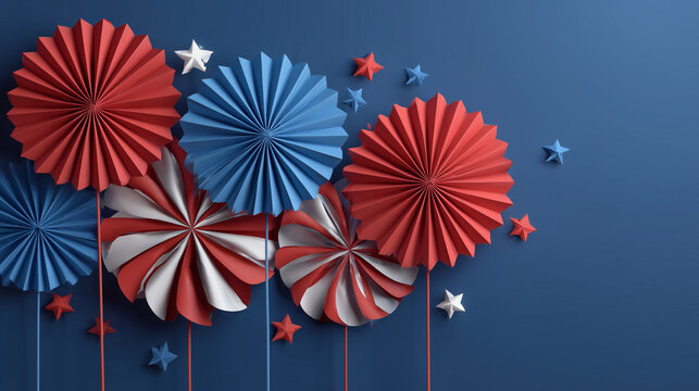 Vibrant red white and blue paper fans and stars on a dark blue background for patriotic celebrations and decorations