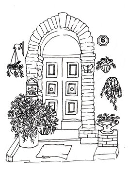 Dettagliata illustrazione a mano di un ingresso con arco in mattoni e piante ornamentali